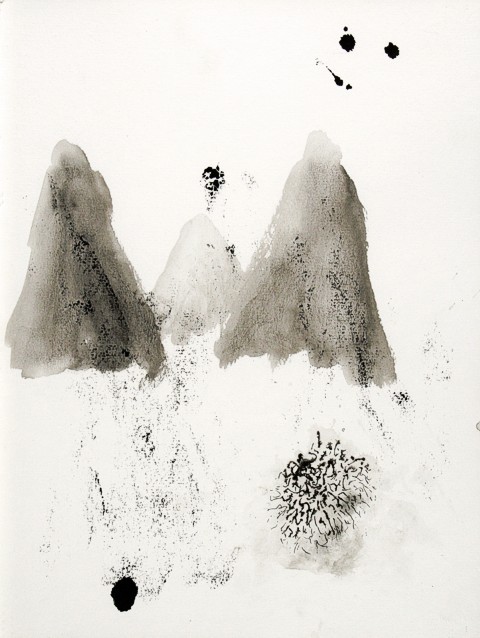 Drawing on paper with ink by Peter Colstee with two mountains in a landscape