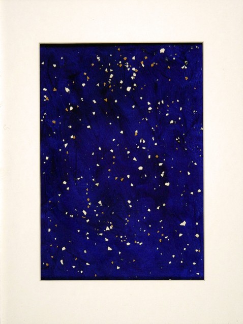 Drawing on paper with paint by Peter Colstee with white egg shell on blue background looks like univers with stars