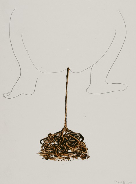 Drawing on paper with ink and paint by Peter Colstee of a line drawing of a person shitting