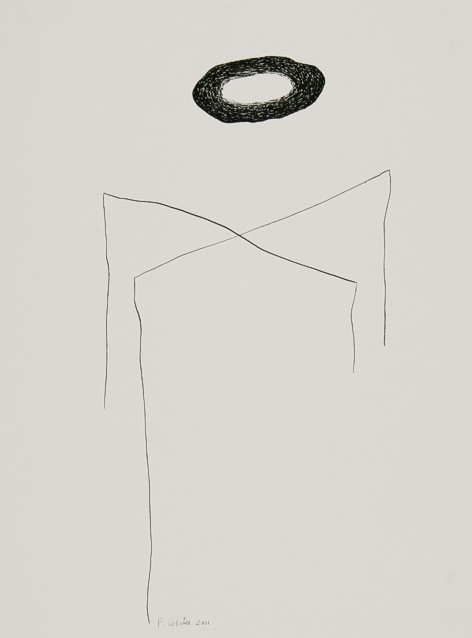 Drawing on paper with ink by Peter Colstee with a small black cloud and lines