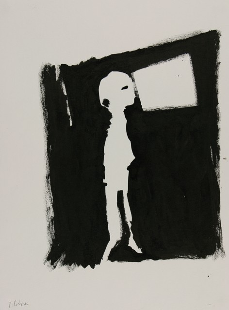 Drawing on paper with ink by Peter Colstee with a person peeping through a window
