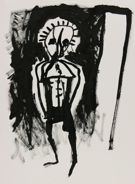 Drawing on paper with ink by Peter Colstee of a boy going out in the night