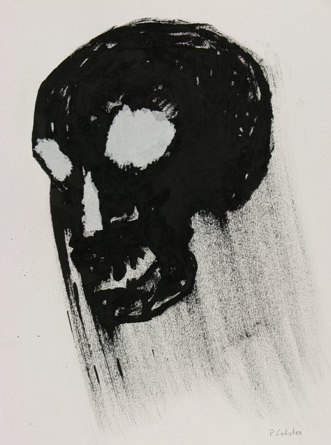 Drawing on paper with ink by Peter Colstee of a skull