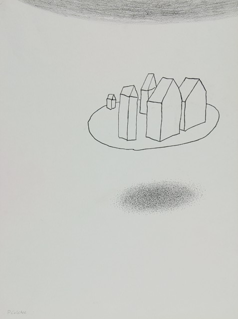 Drawing on paper with ink by Peter Colstee with little houses