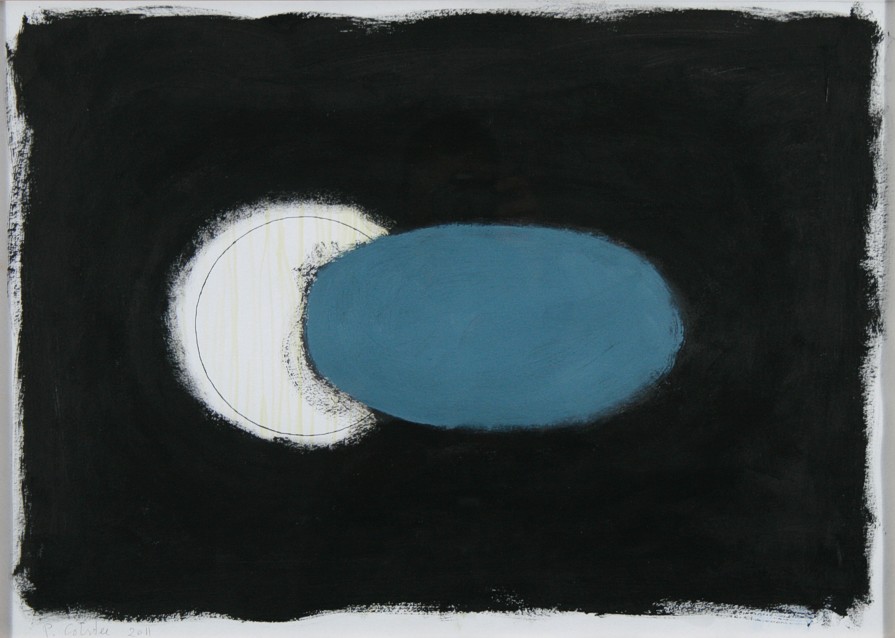 Drawing on paper with paint by Peter Colstee about an abstract blue cloud half before the white moon in a dark background