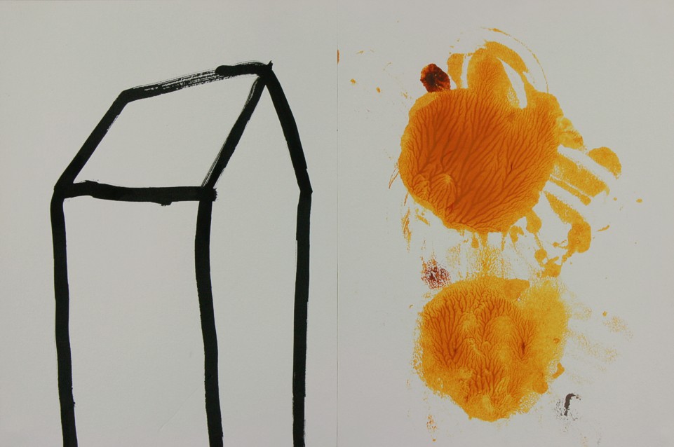 Drawing on paper with oil paint by Peter Colstee of a simple line house with two big yellow paintdots