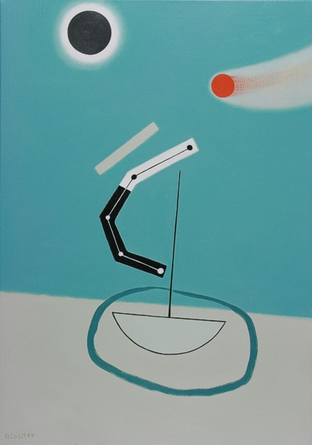 Oil painting by Peter Colstee of a schematic boat on the beach with moving balls in the air