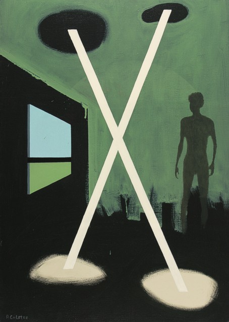 Oil painting by Peter Colstee with a silhouette of a boy in a green black room with a window and a crossroad in the centre