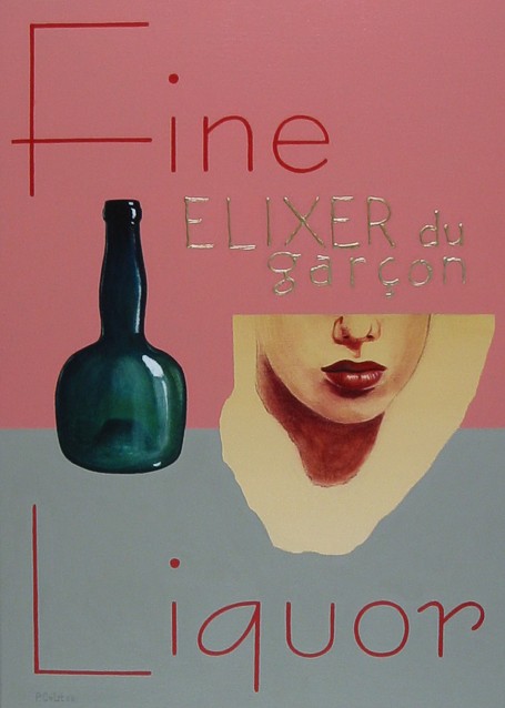 Oil painting by Peter Colstee with a realistic painted bottle half face of a boy with text like a poster for drinks
