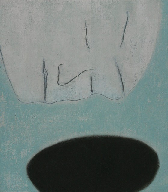 Oil painting by Peter Colstee of a serene face hanging above a dark hole
