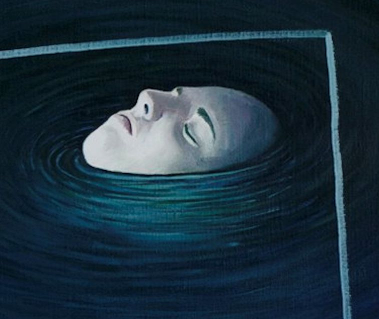 Oil painting by Peter Colstee of a head drifting in a cube
