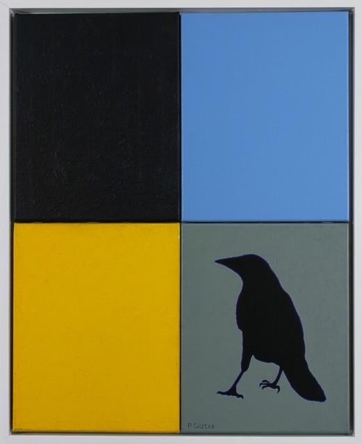 Oil painting by Peter Colstee of a raven in colorfields