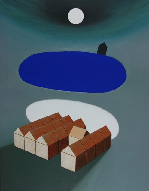 Oil painting by Peter Colstee with small town at the bottom and lonely house at the top near blue oval