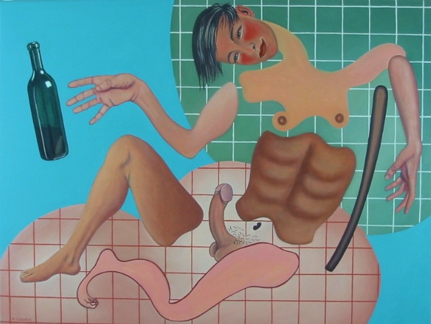 Oil painting by Peter Colstee of a drinker laughing but falling apart