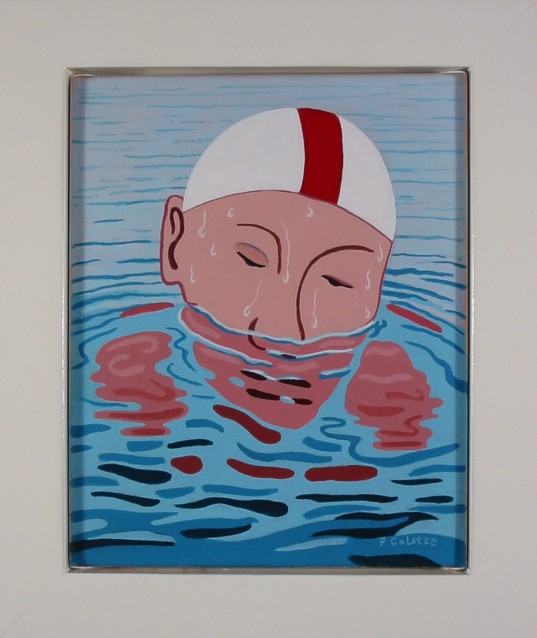 Acrylic painting by Peter Colstee of a swimmer looking very tired in simple lines and forms