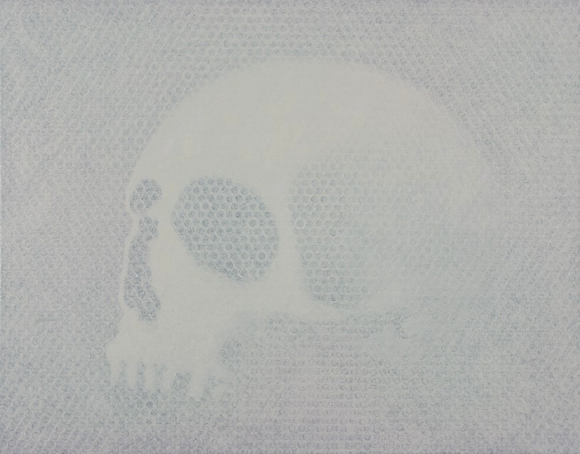 Oil painting by Peter Colstee of a skull in white surrounding
