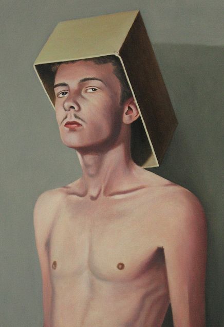 Oil painting by Peter Colstee of boy with box on head