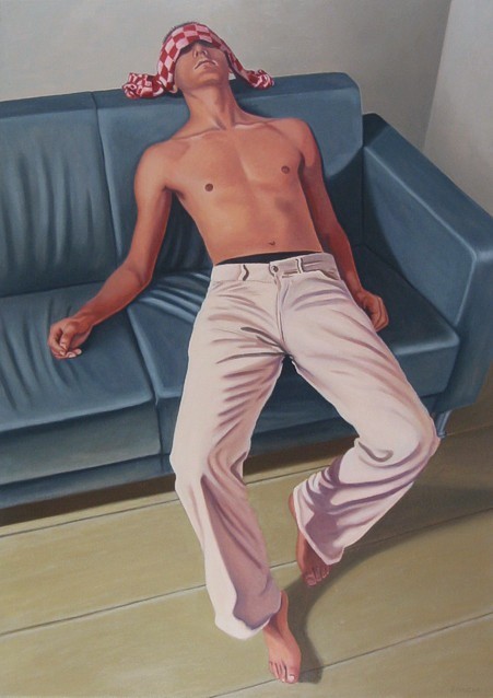 Oil painting by Peter Colstee of a boy lying on a leather couch in a livingroom with a towel over his face because of illness and sickness