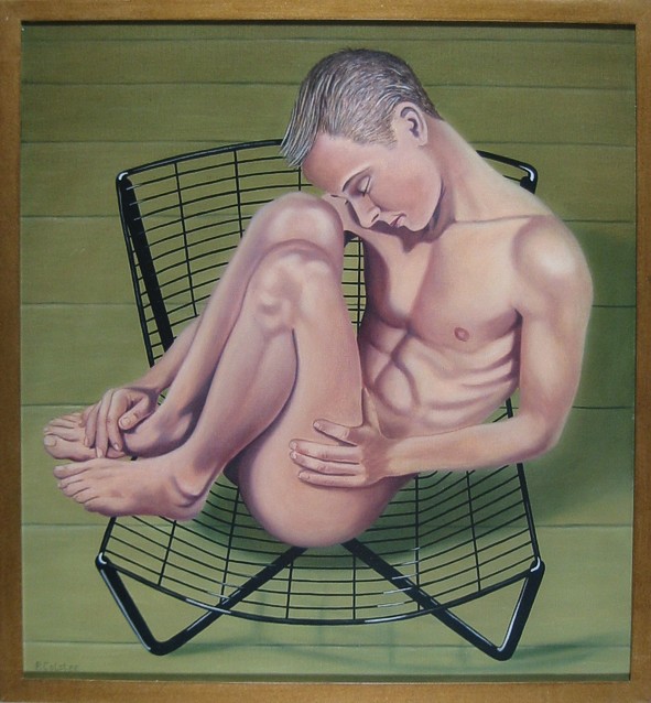 Oil painting by Peter Colstee with a nude boy roled up in an iron chair in a room with a lightgreen wooden floor