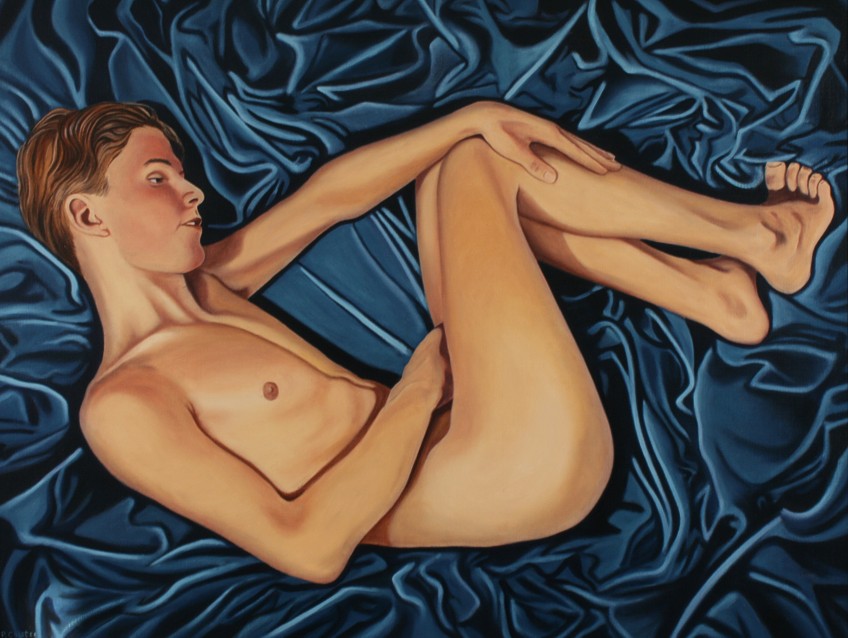 Oil painting by Peter Colstee of a nude boy lying on a blue velvet blanket with his hand in his crotch