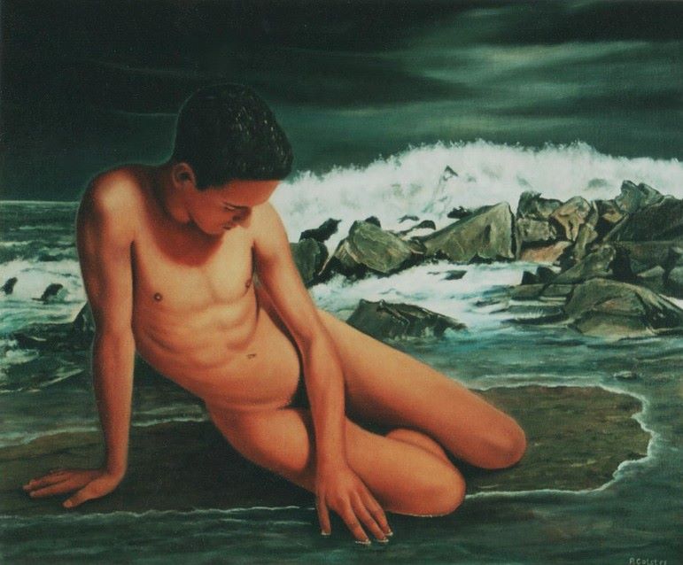 Oil painting by Peter Colstee of a nude boy on a beach