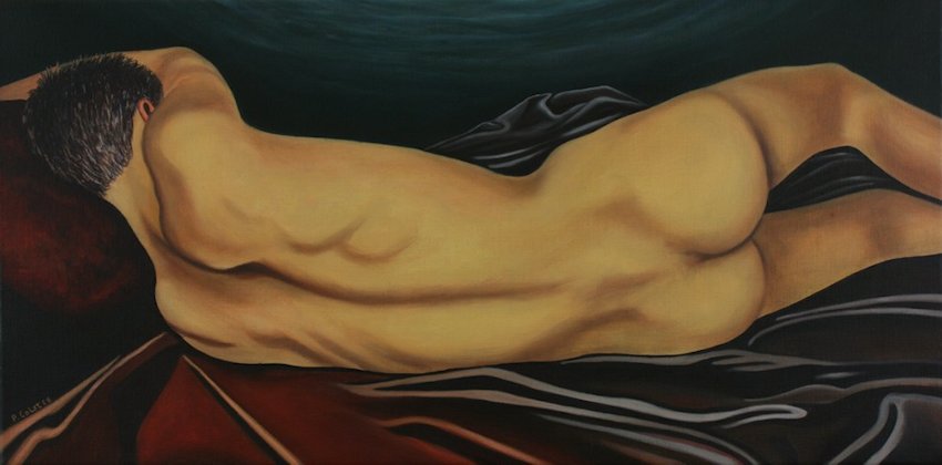 Oil painting by Peter Colstee of a nude boy from the back sleeping