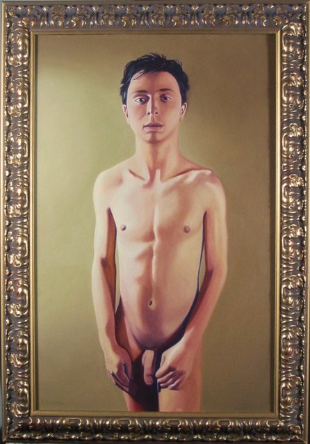 Oil painting by Peter Colstee of a nude boy standing with his arms beside him looking at the spectator in green orch colored background