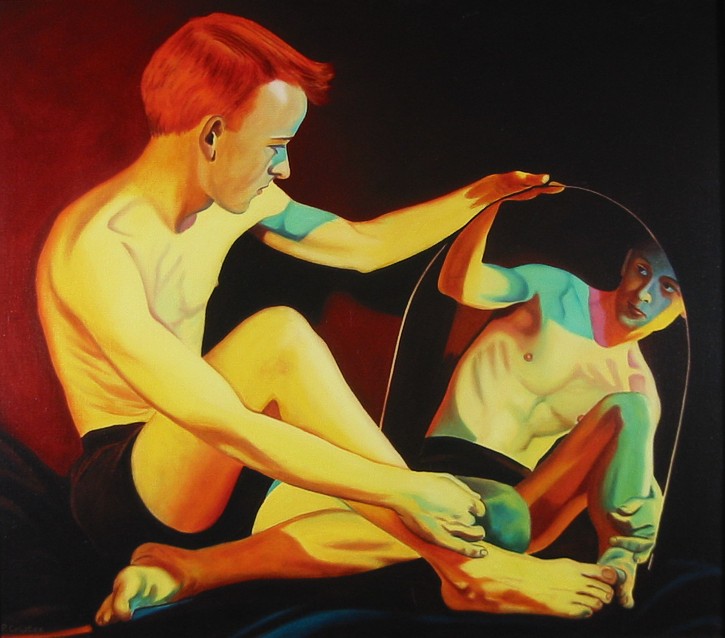 Oil painting by Peter Colstee of a half dressed boy looking at himself in a mirror in bright yellow and orange colors with a dark background color