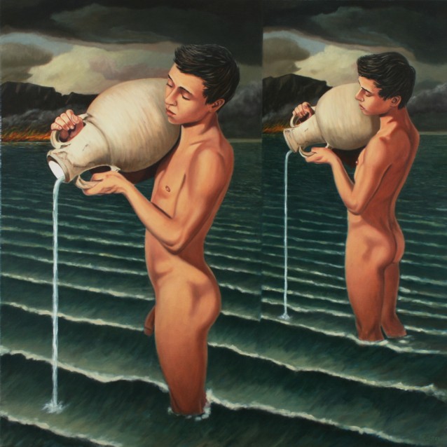 Oil painting by Peter Colstee of two nude boys standing in the water with a vase on their shoulder