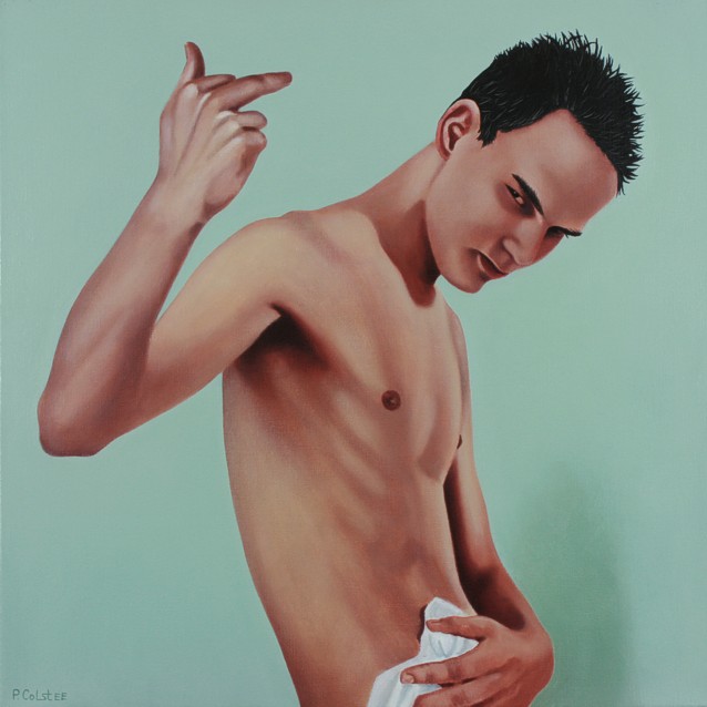 Oil painting by Peter Colstee of a nude boy showing his middle finger to the spectator in light green background color