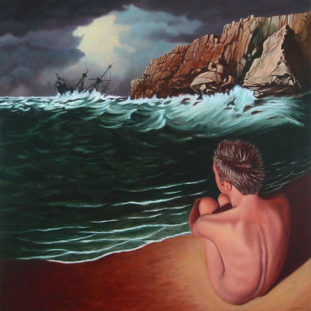 Oil painting by Peter Colstee of a nude boy in the front sitting on the beach watching a ship going down in the wild ocean near rocks in green colored surroundings