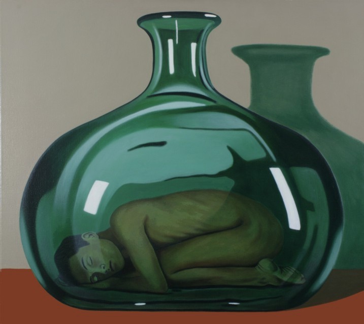 Oil painting by Peter Colstee of a boy roled up and sleeping lying in a green bottle with grey background color