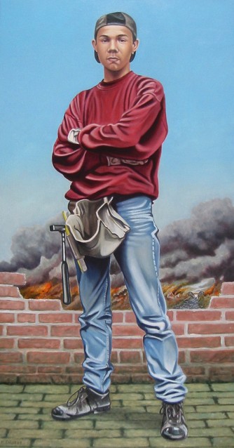Oil painting by Peter Colstee of a working boy standing with his arms crossed in front of a brick wall with a burning and smoking landscape behind it