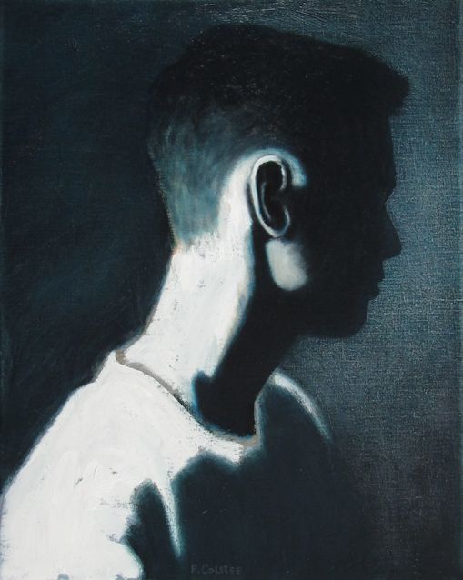 Oil painting by Peter Colstee of boyportrait in dark profile