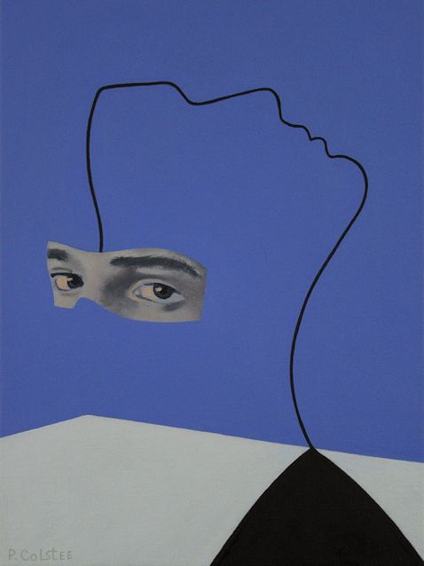 Oil painting by Peter Colstee of object with floating eyes and profile