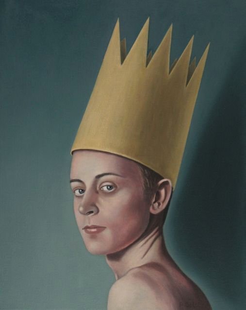 Oil painting by Peter Colstee of boyportrait with paper crown