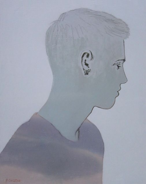 Oil painting by Peter Colstee of boyportrait in light blue