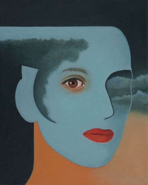 Oil painting by Peter Colstee of one eye in clouds