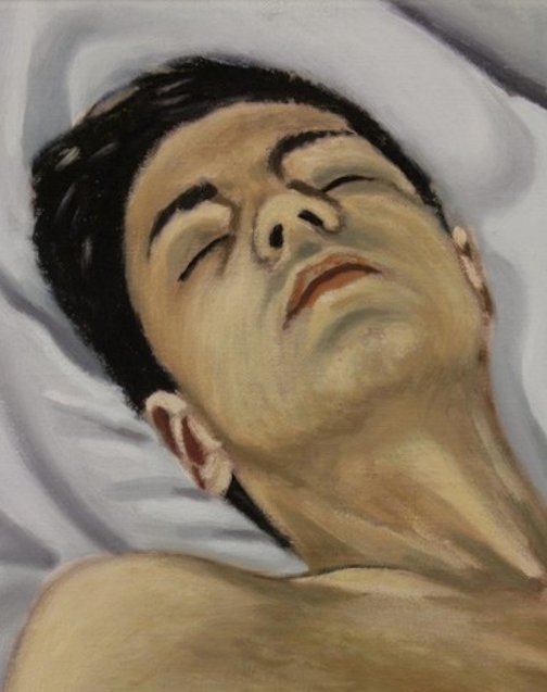 Oil painting by Peter Colstee of a naked boy lying on bed sleeping