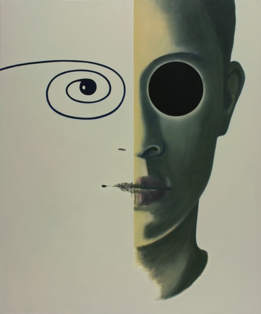Oil painting by Peter Colstee of a portrait with spiral and black circle
