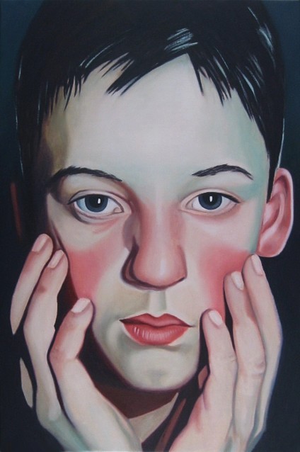 Oil painting by Peter Colstee of a portrait of a young boy with a white face holding his hands by his cheeks