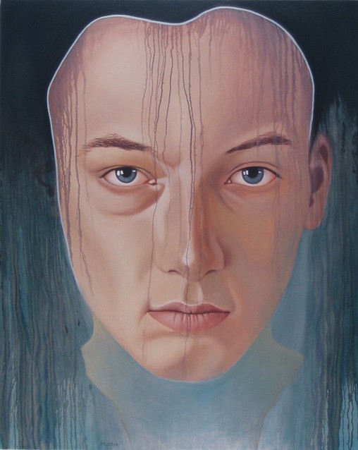 Oil painting by Peter Colstee of a portrait of a boy floating in dripping paint like a stoical and serene mask