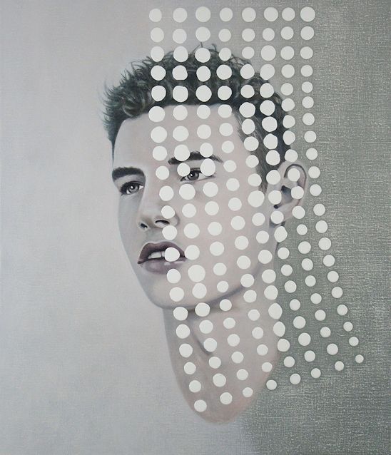 Oil painting by Peter Colstee of boyportrait with white dots