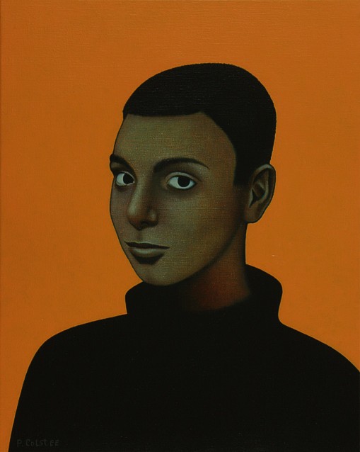 Oil painting by Peter Colstee of a boysportrait with flat hair in orange background