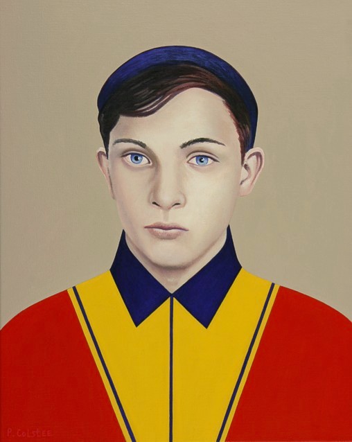 Oil painting by Peter Colstee of a boy with yellow-red jacket
