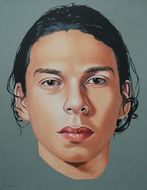 Oil painting by Peter Colstee of a portrait of a boy floating in the surroundings with black hair and grey background
