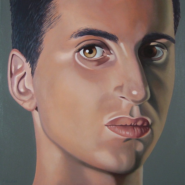 Oil painting by Peter Colstee of a portrait of a boy in close up looking with a very realistic painted eye towards you