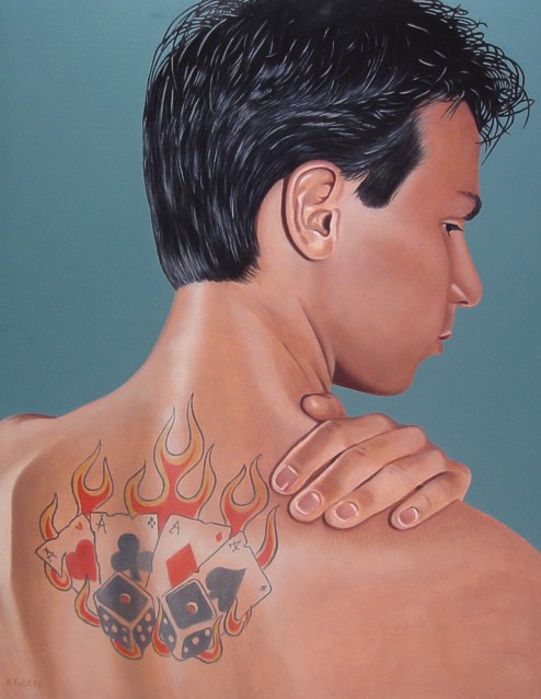 Oil painting by Peter Colstee of a portrait of a boy on the back with a tattoo