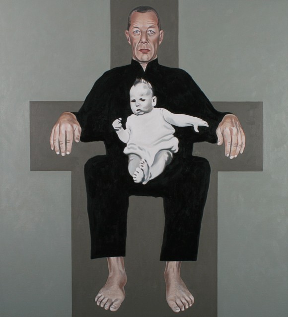 Oil painting by Peter Colstee as a selfportrait sitting in a chair with himself as baby in his lap in grey background colors