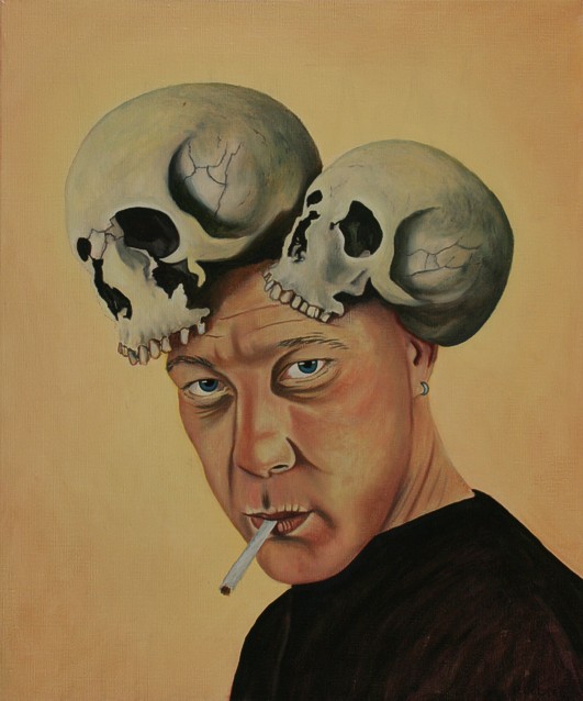 Oil painting by Peter Colstee as a selfportrait with two skulls on his head and a cigarette in his mouth in light orange yellow background